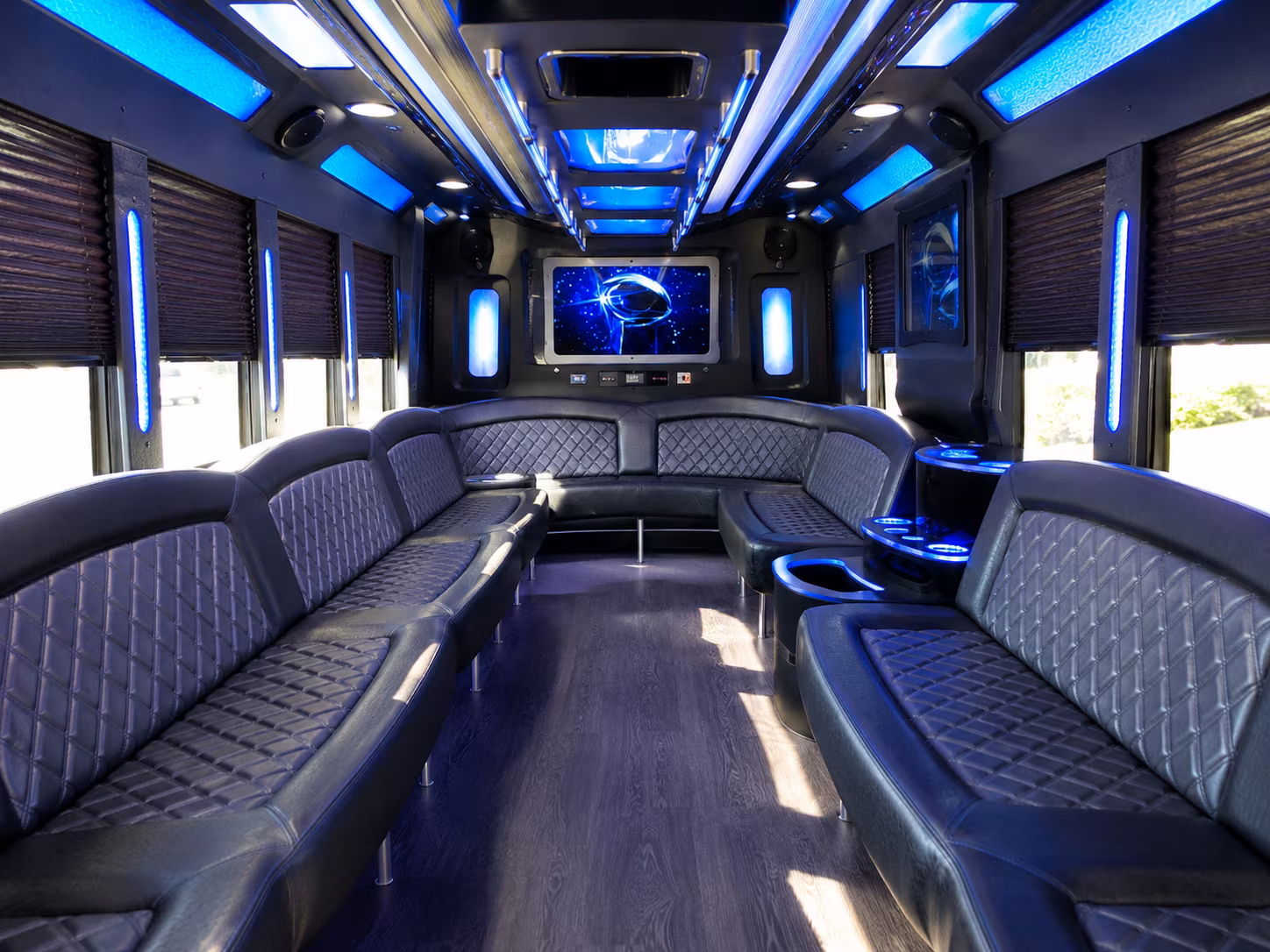 auburn 28 passenger party bus inside