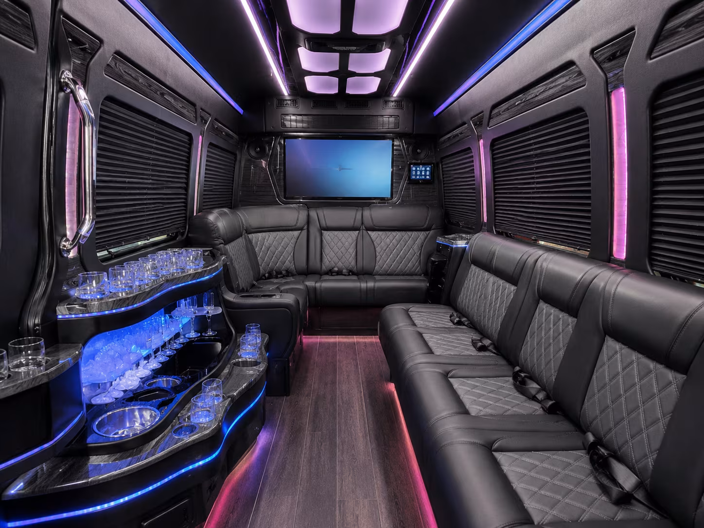 auburn 50 passenger party bus inside